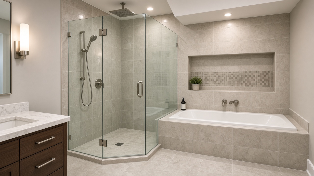 A glass shower beside a built-in tub