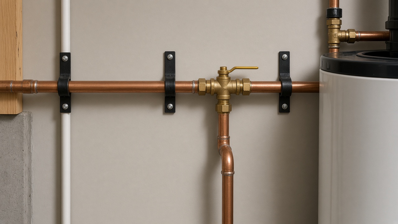 Copper pipe and a shutoff valve beside a water heater