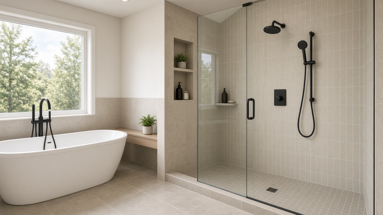 A tub and a tiled shower