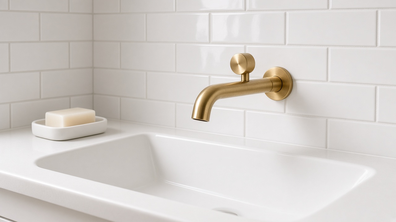 A gold faucet over a white sink